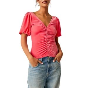 Free People Ruched Velvet V-neck Top In Strawberry Spritz Size Small